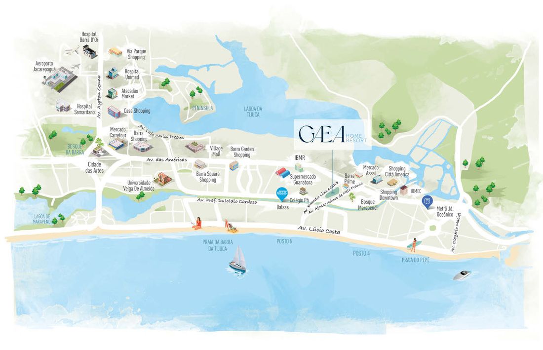 Mapa da região do Gaea Home Resort na Barra da Tijuca, entre a Lagoa da Tijuca e a Praia da Barra